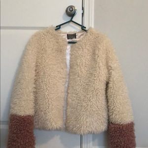 Topshop Cream Faux Shearling Jacket with Pink Sleeves